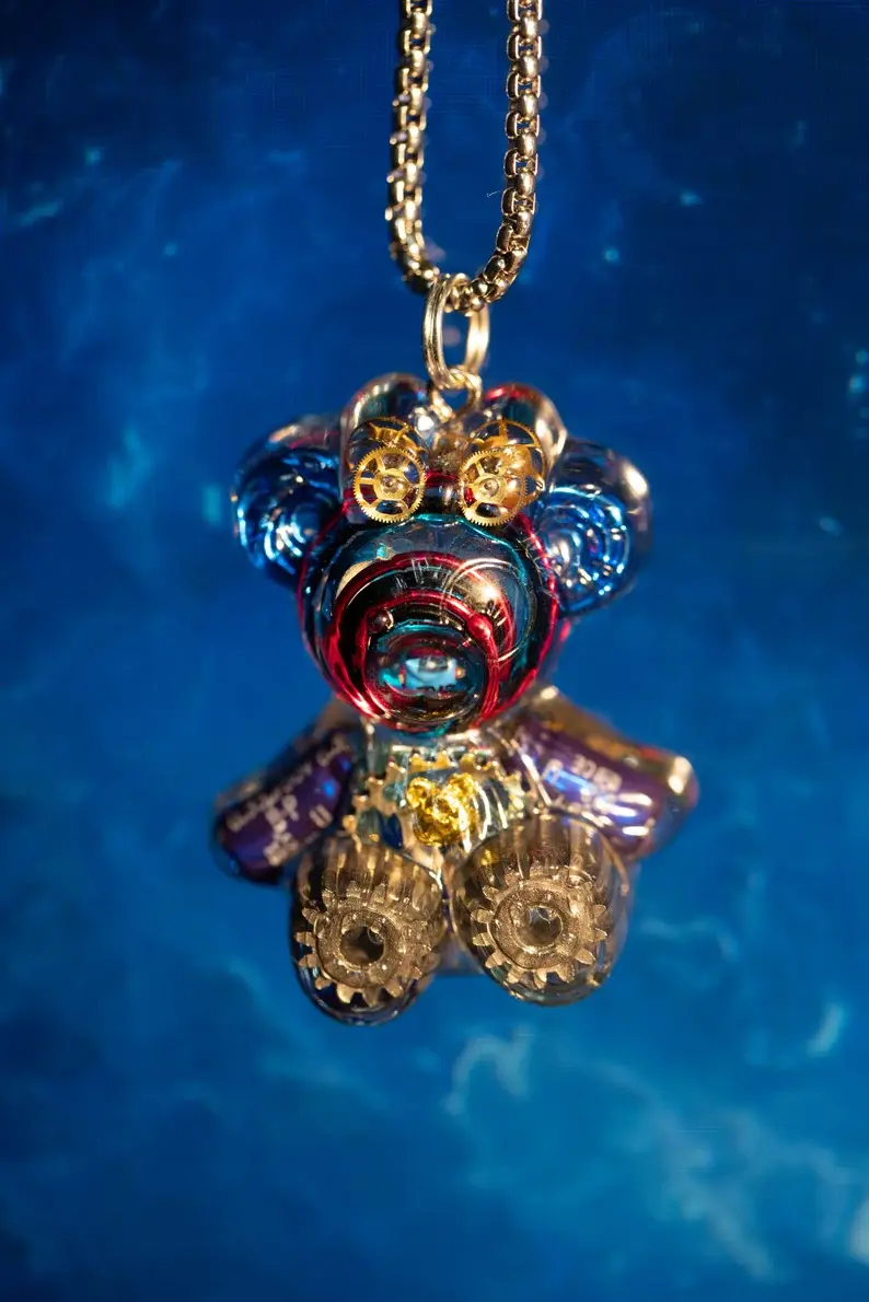 Miniature : Cyberpunk Necklace with Bear Pendant, Unique Circuit Necklace, IT Tech Necklace,