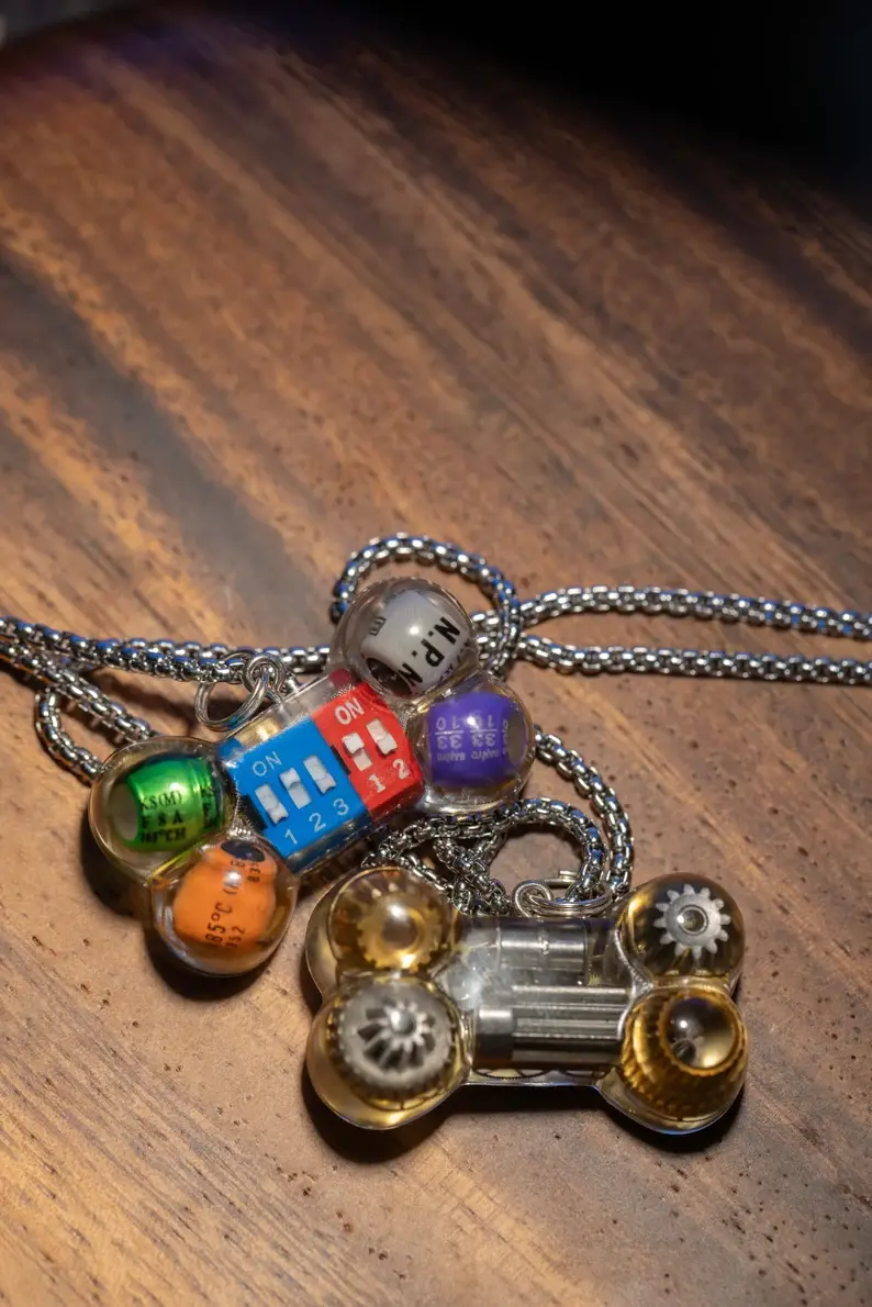 Miniature : Cyberpunk Necklace with Bone Pendant, Unique Circuit Necklace, IT Tech Necklace,