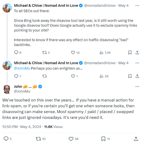 Screenshot of John Mueller's post on X about disavow tool