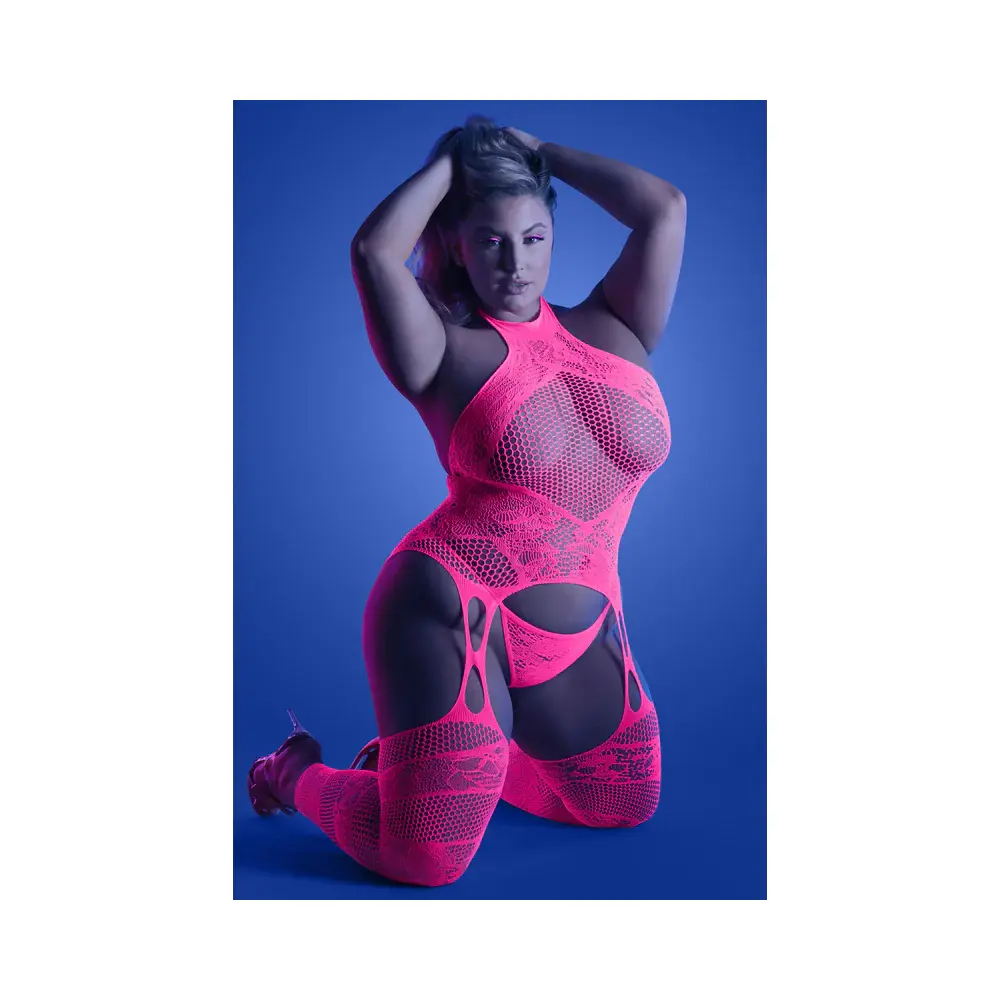 Glow Captivating High Neck Halter Bodystocking & G-String Set Neon Pink Queen Si