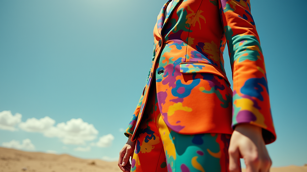 Eye-level view of a vibrant power suit with bold patterns