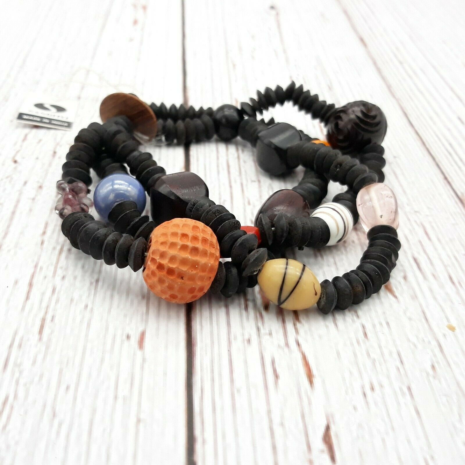 80s Wood Bead Triple Strand Bracelets - Set of 2