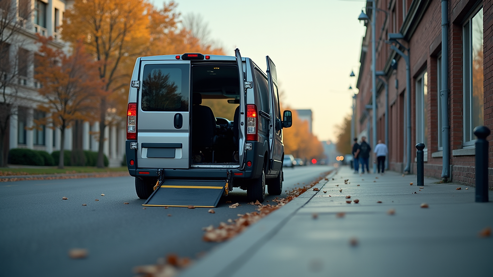 Eye-level view of a wheelchair-accessible van parked at a curb