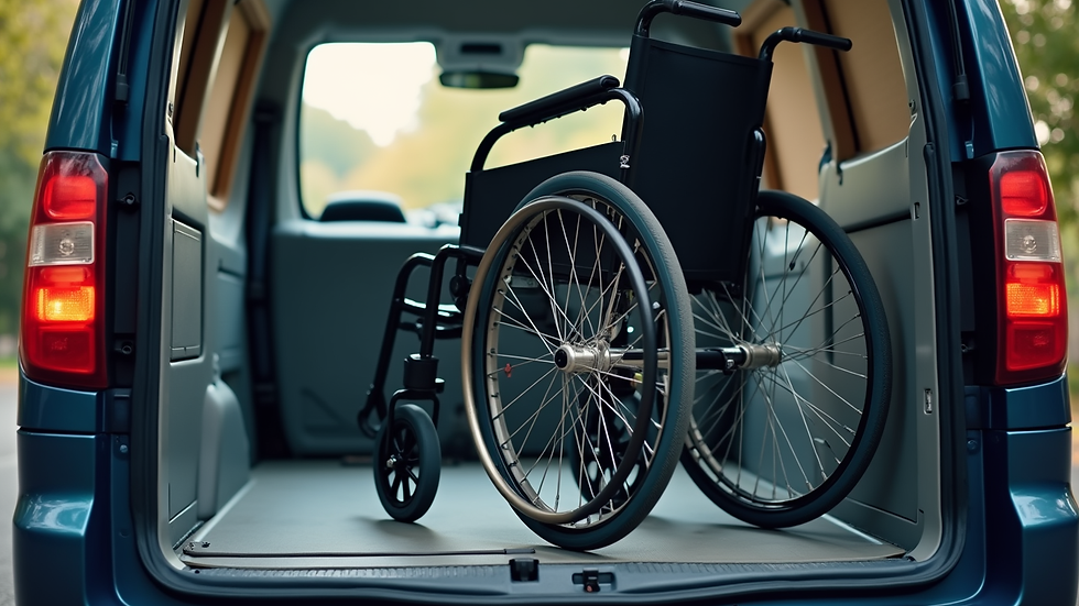 Close-up view of a wheelchair being secured inside a van