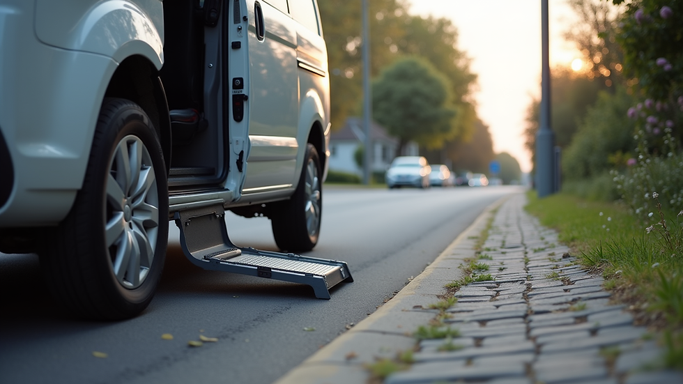 Eye-level view of a wheelchair-accessible van parked at a curb