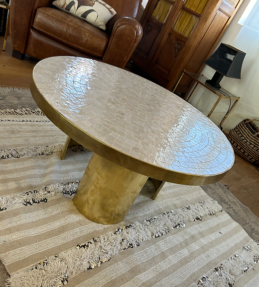 Custom round zellige and solid brass coffee table