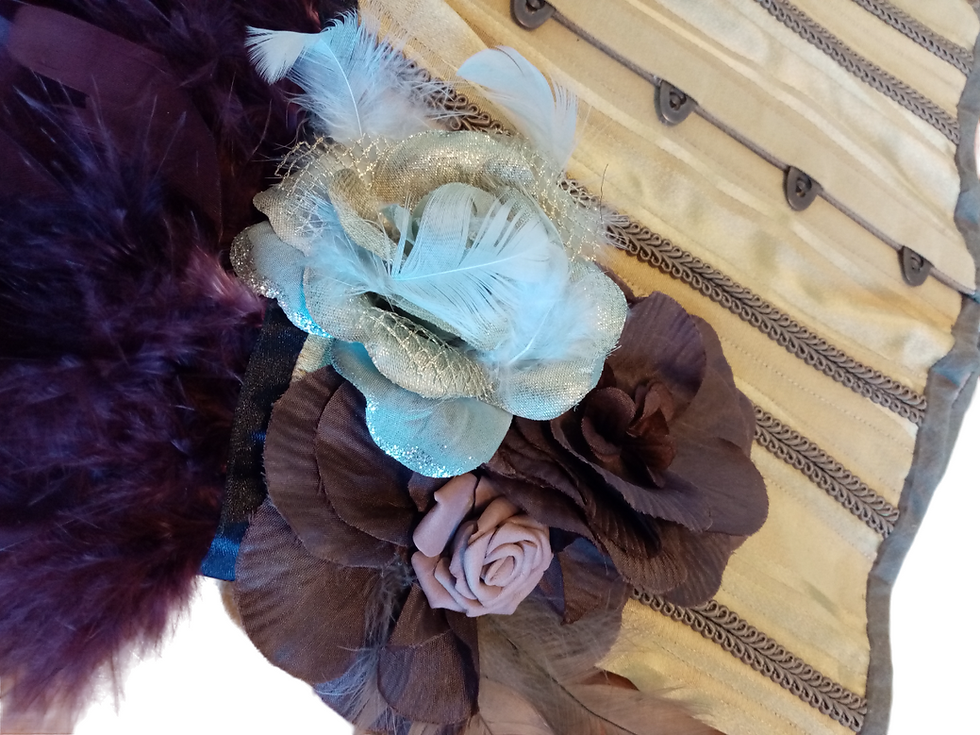 Miniatura: Serre-taille or et plumes marrons, fleurs en tissu