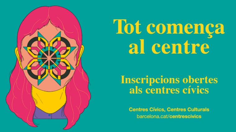 Cartell turquesa amb il·lustració d’una dona de cabells roses i mandala a la cara; text: Tot comença al centre.