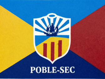 Escut del Poble-sec amb fons blau, groc i vermell. Destaca una emblemàtica figura negra i les lletres "POBLE-SEC" a la part inferior.