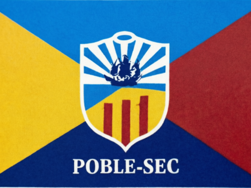 Escut del Poble-sec amb fons blau, groc i vermell. Destaca una emblemàtica figura negra i les lletres "POBLE-SEC" a la part inferior.