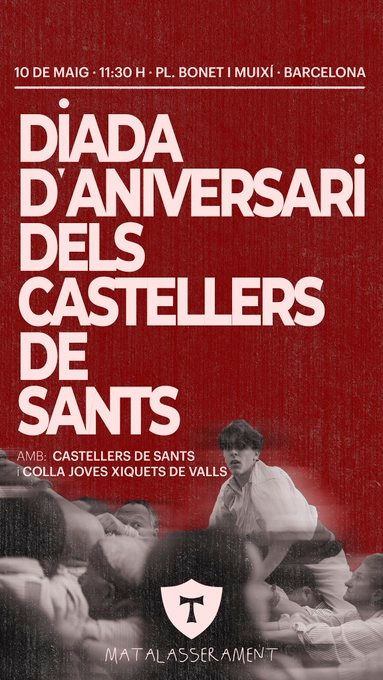 Cartell vermell de la Diada d'Aniversari dels Castellers de Sants, amb imatge de castellers. Detalls: 10 maig, 11:30 h, Barcelona.