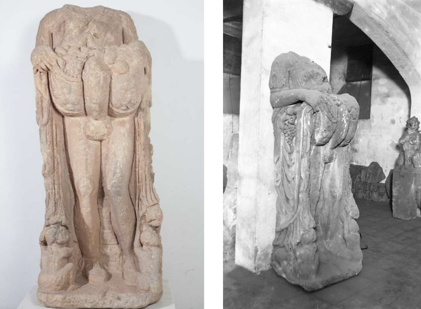 Escultures de pedra de figures humanes amb objectes, una en color crema i l'altra en blanc i negre. Fons d'interior amb arcs.