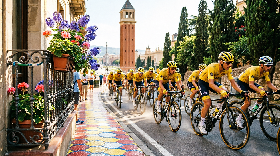 Ciclistes grocs pedalen en fila per un carrer amb torre de campanar, xiprers i flors de colors, en una cursa assolellada.