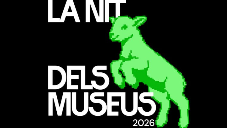 Text "LA NIT DELS MUSEUS 2026" amb una cabra verda pixelada sobre fons negre. Imatge digital amb un ambient modern i creatiu.