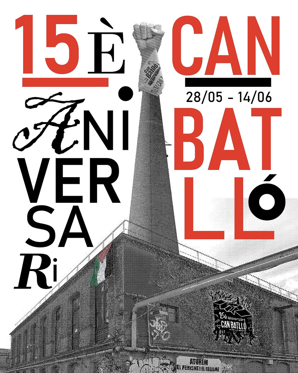 Cartell del 15è aniversari de Can Batlló amb una xemeneia i un edifici industrial; text 28/05-14/06 en vermell i negre.