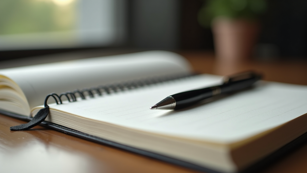 Close-up view of a notebook and pen on a desk, symbolizing reflection and therapeutic journaling