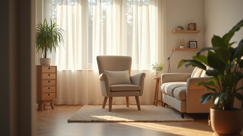 Eye-level view of a cozy therapy room with a comfortable chair and soft lighting