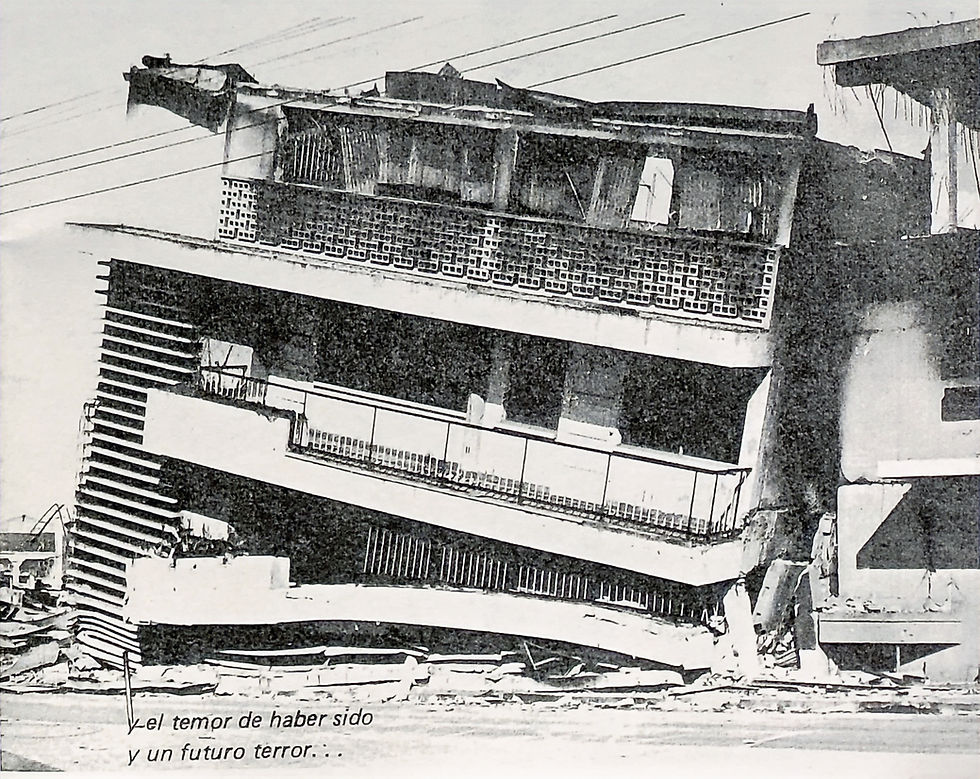 An apartment building in ruins after the earthquake