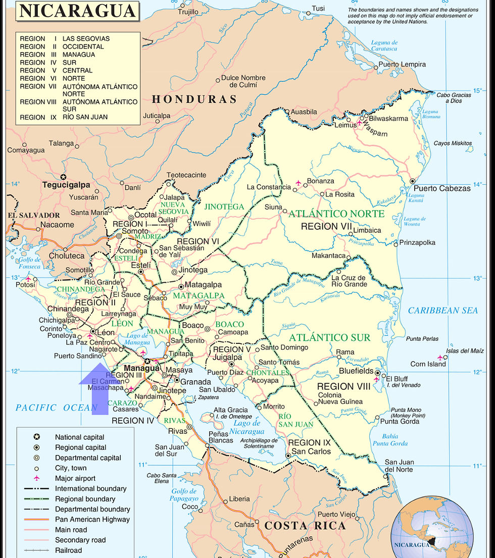 Map of Nicaragua showing Miramar Beach