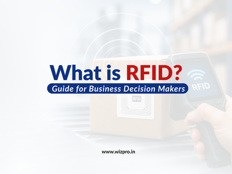 RFID technology illustration showing RFID tags, readers, and software used for inventory tracking, warehouse automation, asset management, and supply chain visibility.