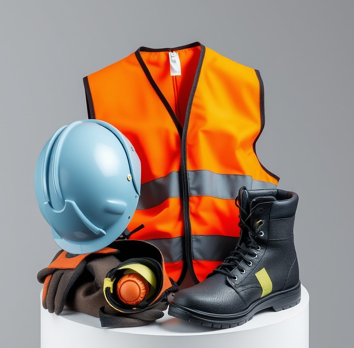 personal safety equipment layed on a pedestal including a helmet gloves safety glasess and