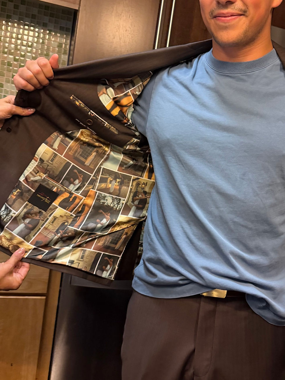 Custom jacket lining printed with personal wedding photographs.
