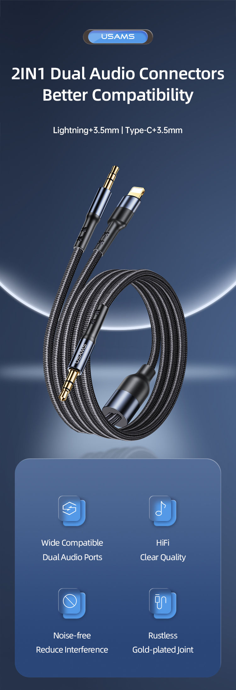 Thumbnail: US-SJ554 2IN1 3,5mm + Lightning to 3,5mm Audio Cable 1,2M კაბელი