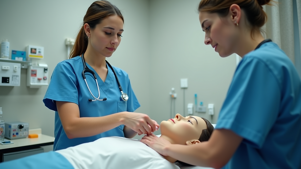 Close-up view of a CNA student practicing clinical skills with a mannequin