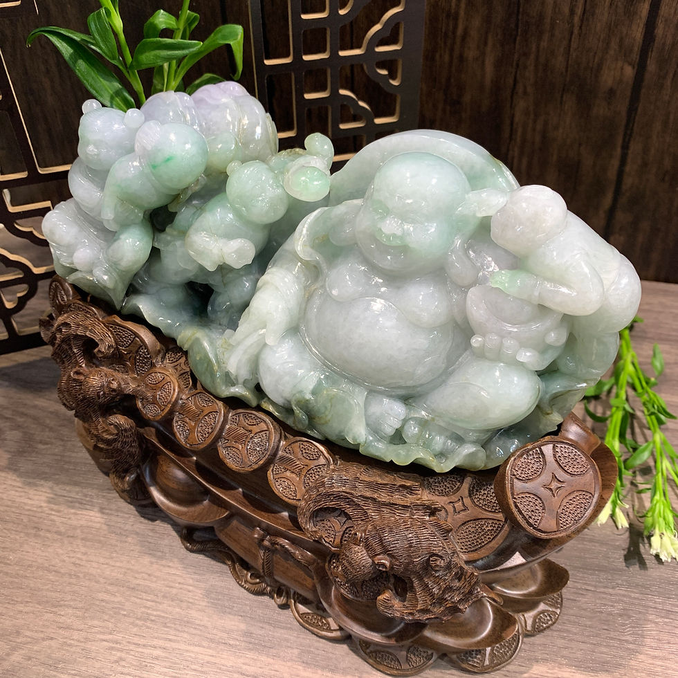 縮圖：A玉 - 冰種椿帶彩童子拜笑佛擺件 (連木座) [奉送香港翡翠鑑証書: FC 03638]