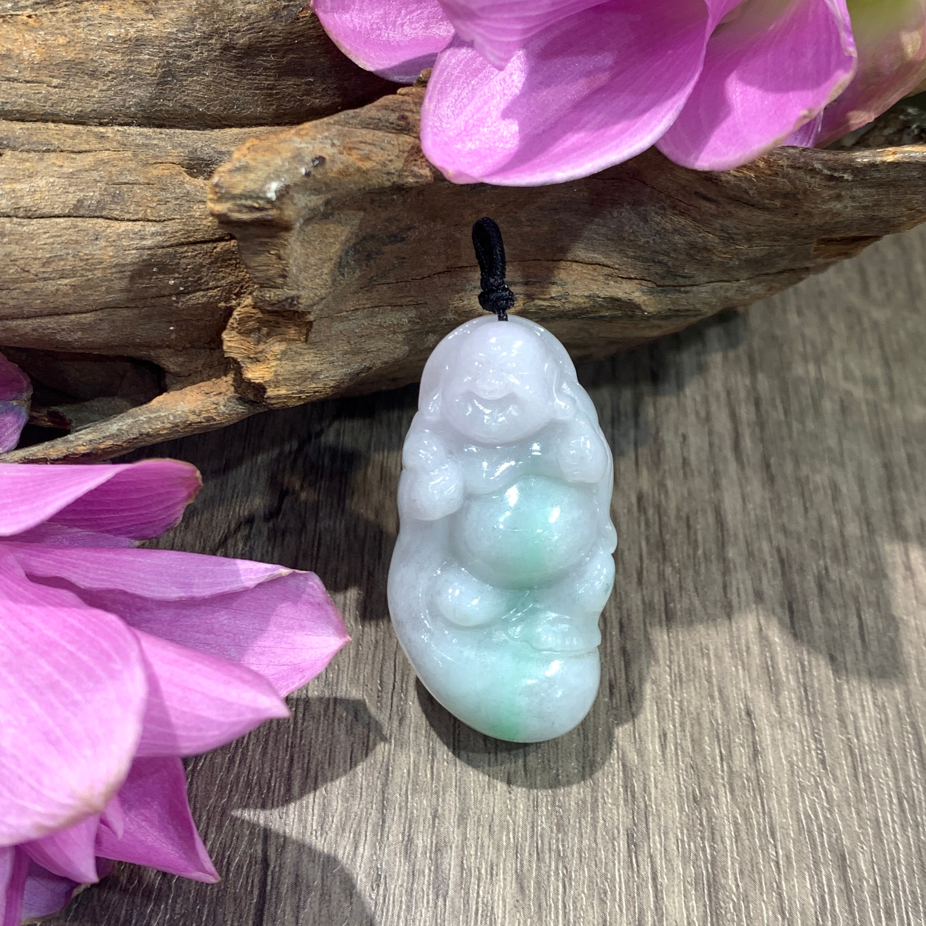 A玉 - 冰飄藍花椿帶彩布袋佛 (P-19388)