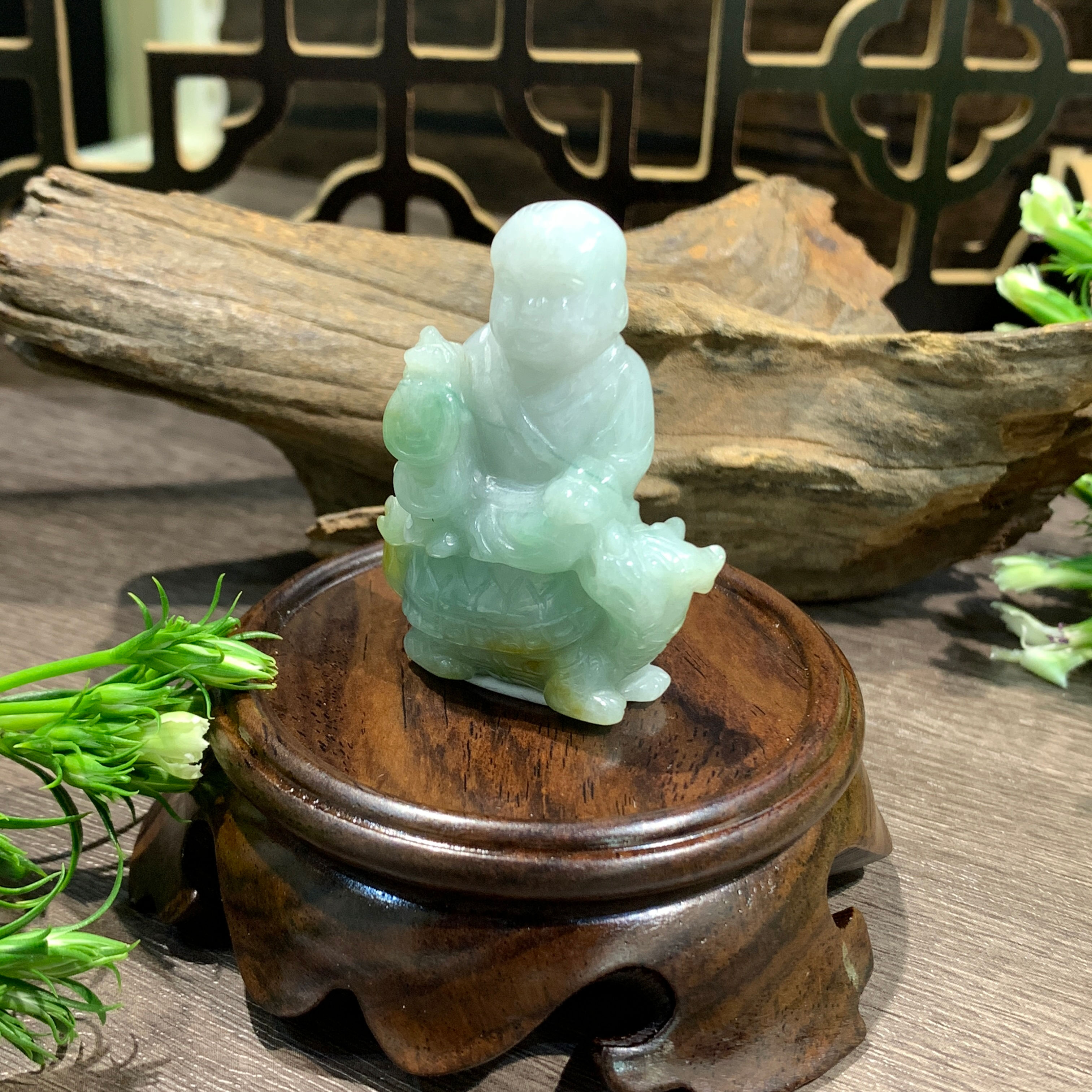 A玉 - 三彩運財童子擺件 (連木座) [奉送香港翡翠鑑証書: SC 186182]