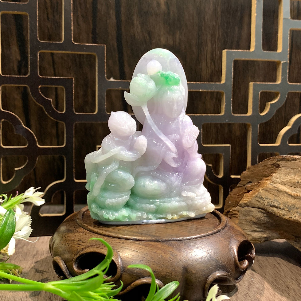 縮圖：A玉 - 冰種紫羅蘭童子拜觀音擺件 (連木座) [奉送香港翡翠鑑証書: SC 56242]