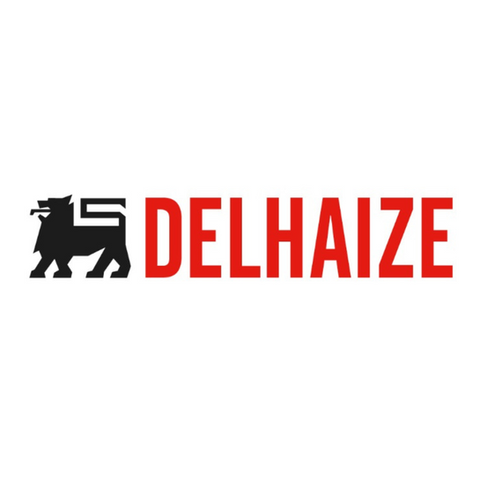 Logo van Delhaize, met een leeuw en rode tekst. Delhaize