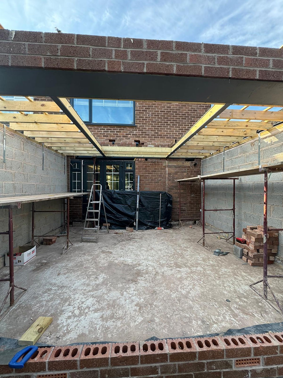 Single storey extension project interior mid roof construction