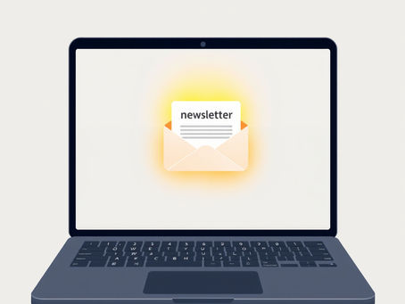 Open laptop showing an email inbox with one newsletter email highlighted, glowing to draw attention.
