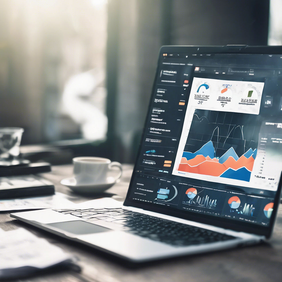 Laptop on a wooden desk displaying colorful graphs and charts. Soft light, blurred background, and a cup of coffee suggest a calm mood.
