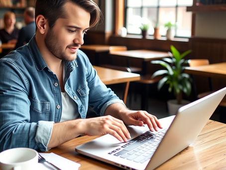 Business owner sitting in a cozy Victoria café, reviewing website content on a laptop, surrounded by natural light and a relaxed atmosphere