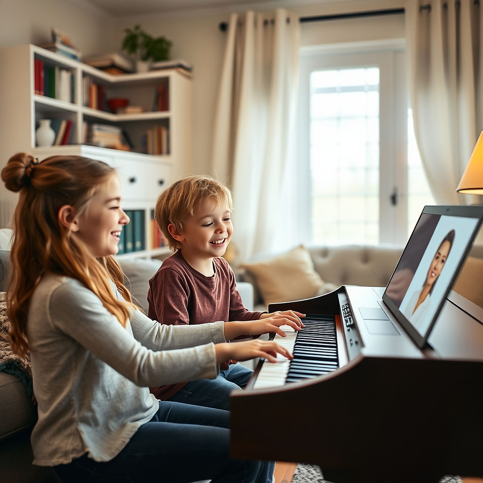 Children play keyboard joyfully in cozy living room, video call on laptop. Bright curtains and bookshelf in background; warm atmosphere.