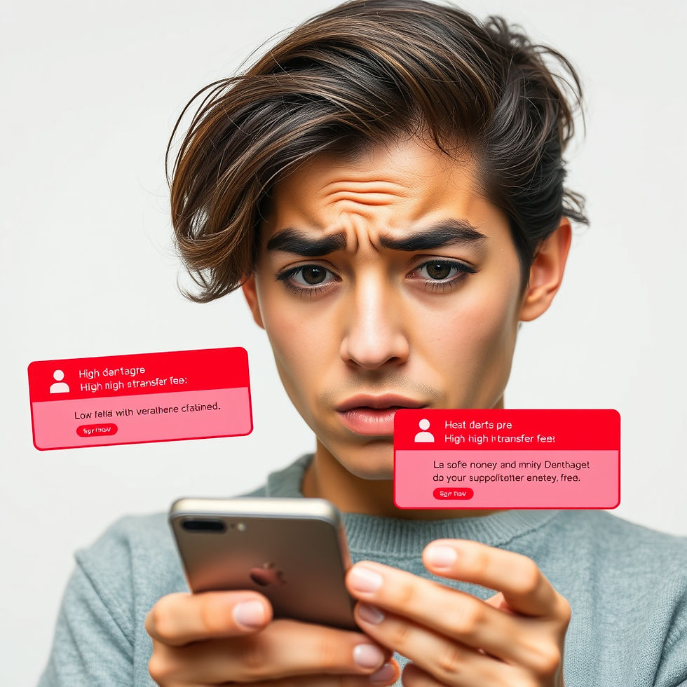Person with a concerned expression holds a smartphone, with red phishing alert messages floating nearby. Background is plain white.