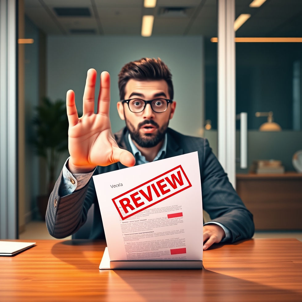 Man in suit looks surprised, holding a paper labeled "REVIEW" in red text. Office setting with modern decor and soft lighting.