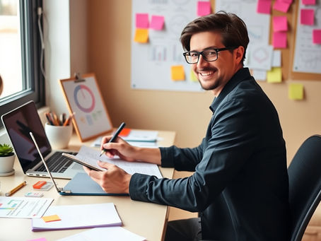 Small business owner at a tidy desk with a laptop and notebook, sketching out a simple marketing plan. Warm, minimal illustration style with a calm and organized atmosphere.