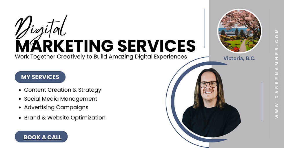 Digital marketing services ad with smiling person. Lists services like content creation. "Book a Call" button. Victoria, B.C. in backdrop.