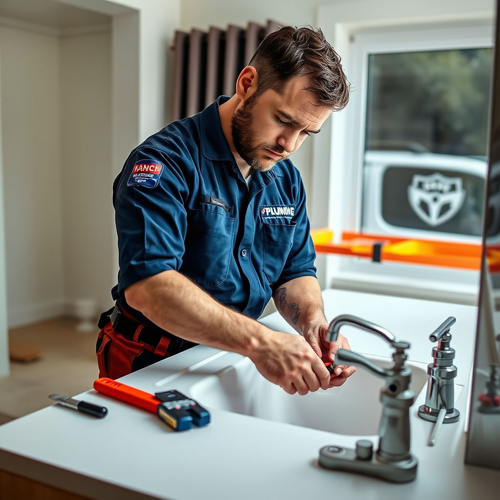 A plumber in a blue uniform fixes a faucet in a bright kitchen. Tools are on the counter. Focused expression, window view in the background.