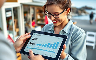 A dynamic scene of a local Victoria business (e.g., a boutique shop) using a tablet to lau