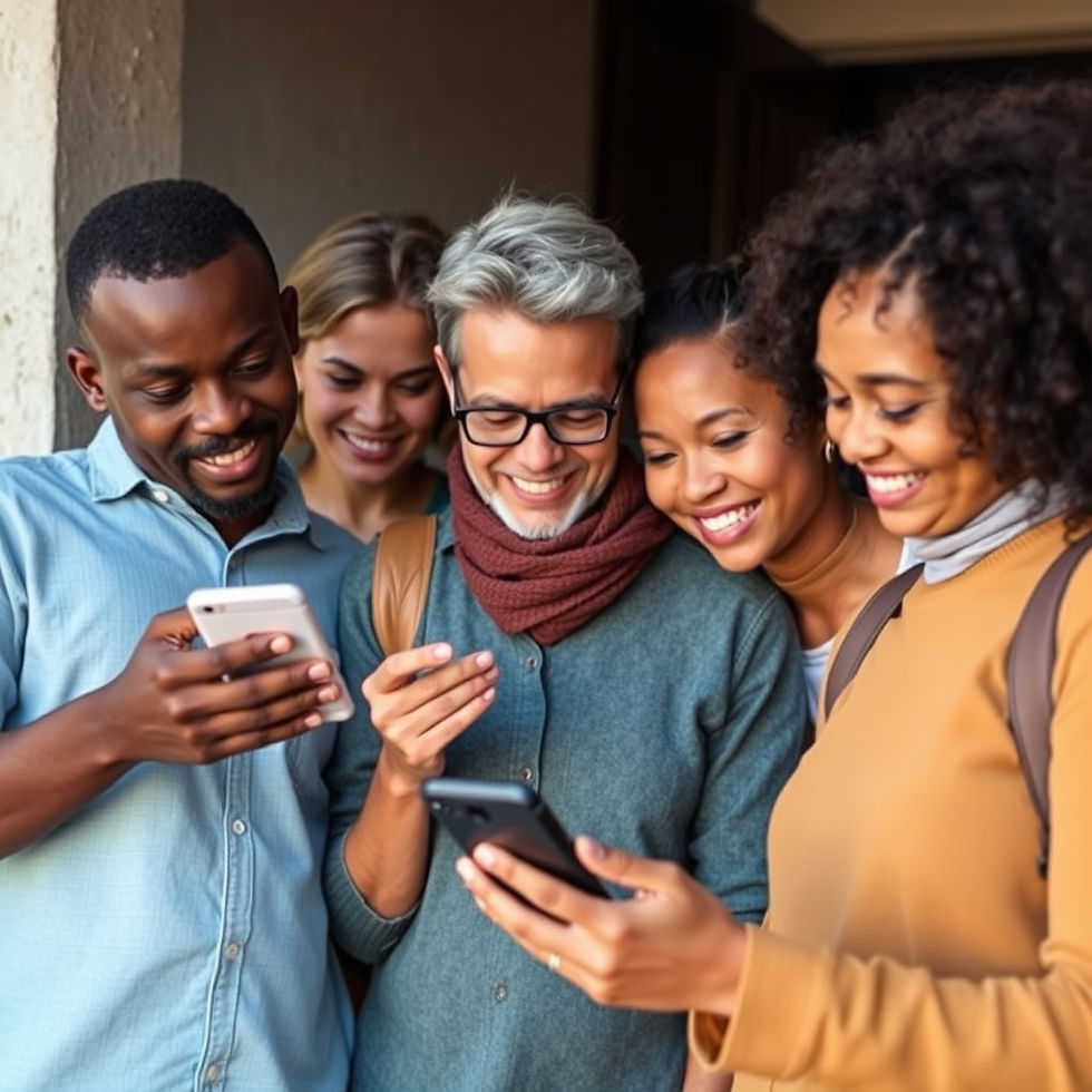 Five people smiling and looking at smartphones together, standing in an outdoor setting. They're wearing casual clothes. The mood is joyful.