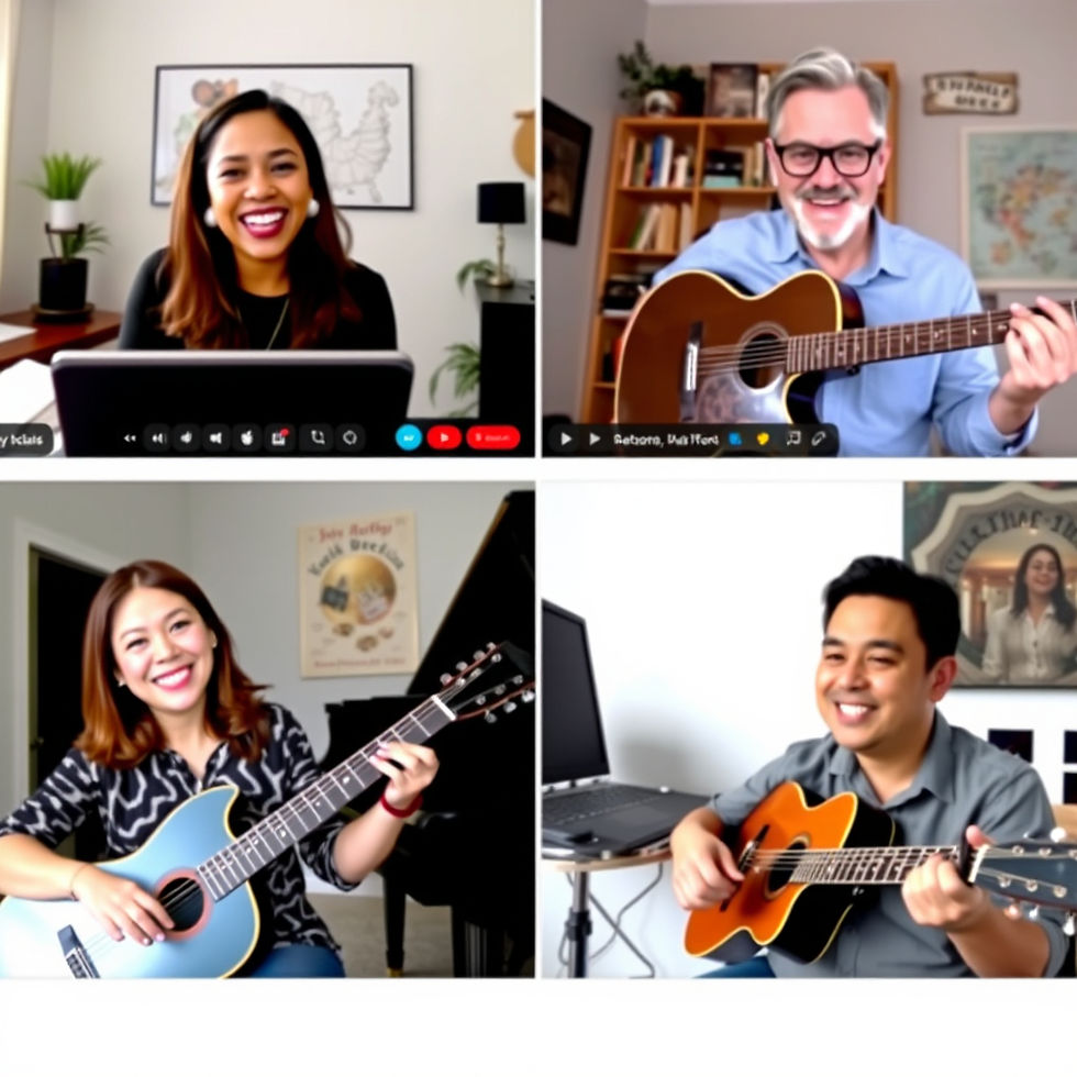 Four people in a virtual meeting, each playing a guitar and smiling. Backgrounds vary with maps, plants, and art. Bright mood.