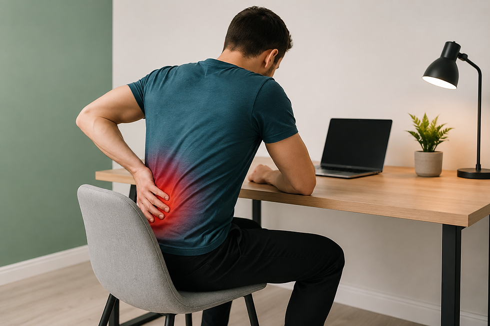 Illustration of a person sitting at a desk holding their lower back due to muscular back pain.