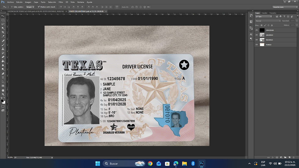 Miniatura: plantilla LICENCIA DE TEXAS (USA - nueva) editable en photoshop PSD