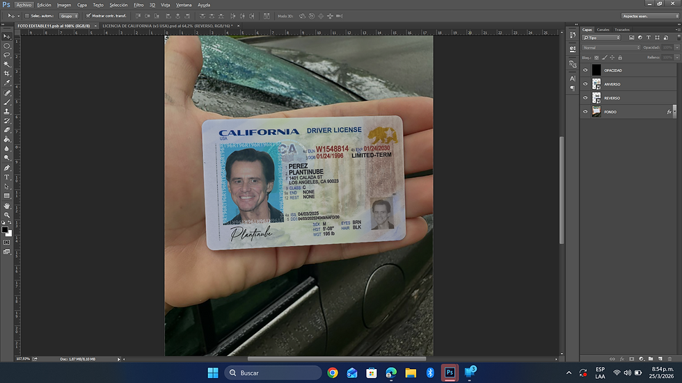 Miniatura: plantilla LICENCIA DE CALIFORNIA (USA - nueva) editable en photoshop PSD