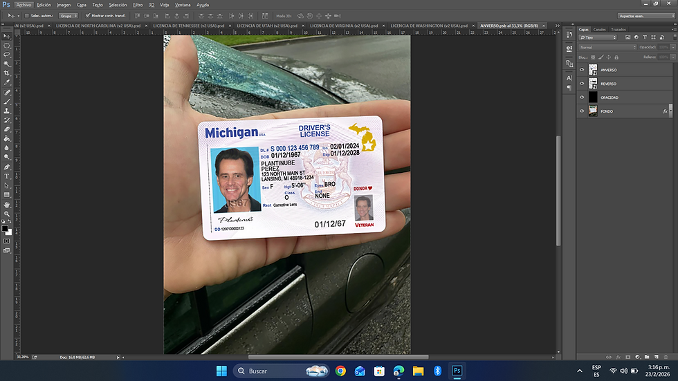 Miniatura: plantilla LICENCIA DE MICHIGAN (USA v2) editable en photoshop PSD
